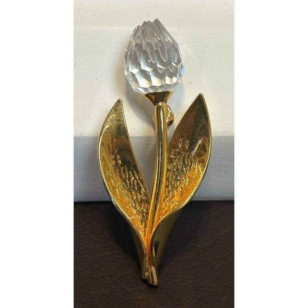 SWAROVSKI SIGNED SWAN VINTAGE CRYSTAL GOLD TONE PIN BROOCH TULIP FLOWER